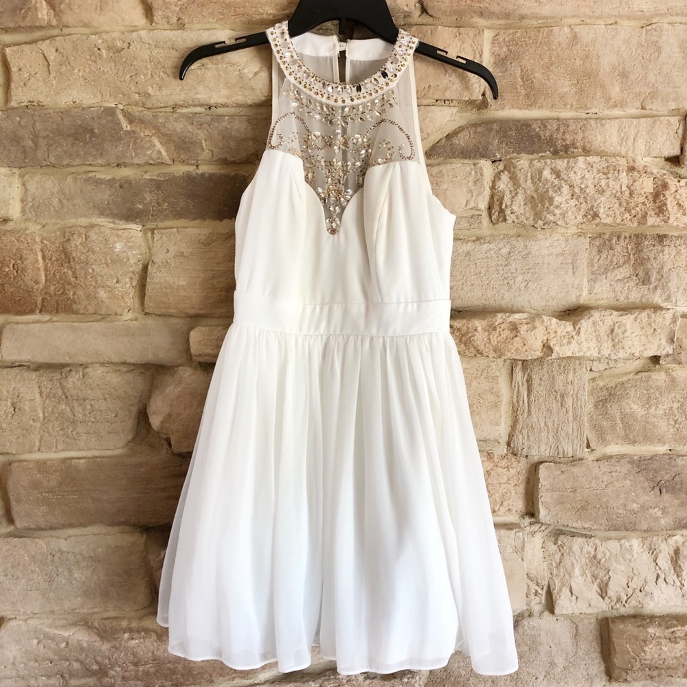High neck white and gold jeweled hoco dress